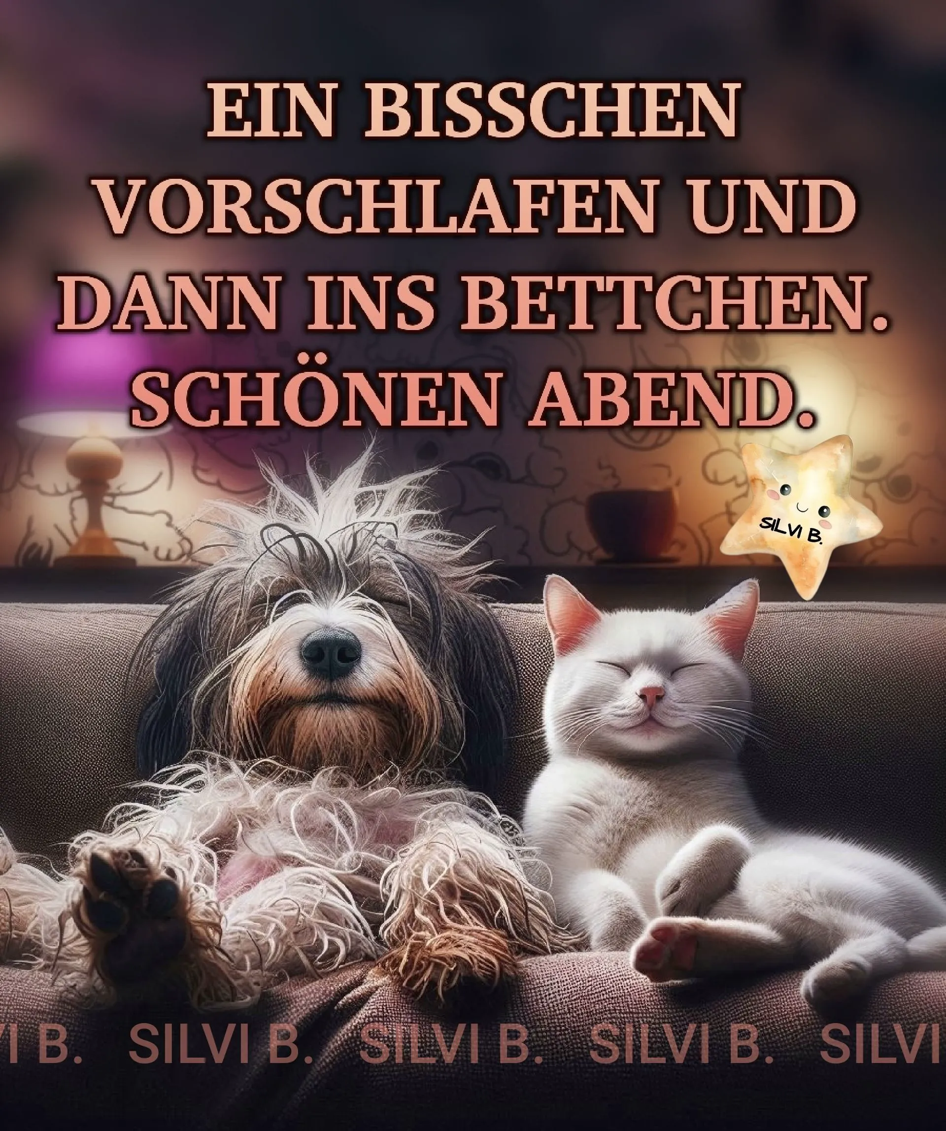 Ein flauschiger Hund und eine weiße Katze kuscheln müde auf einem Sofa und dösen. Dazu der Text: 'Schönen Abend!'
